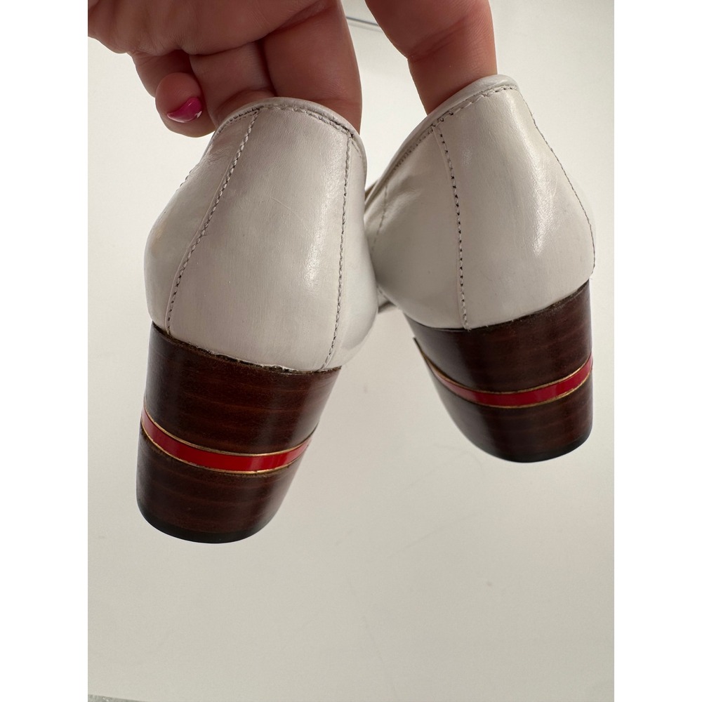 Gucci Vintage White Leather Block Heel Loafers Web Stripe Enamel Pumps IT 34 US4 - Picture 5 of 8